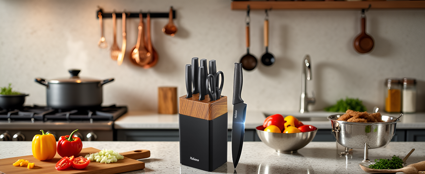 Набір кухонних ножів Yabano 7 предметів з підставкою та точилкою, кухонний набір ножів з чорним пластиковим блоком