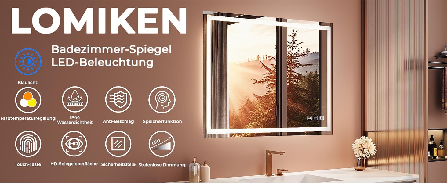 Дзеркало для ванної кімнати LOMIKEN з підсвічуванням, 60x50x3,5 см, LED, 6400K, 3 колірні температури, антивідблиск, вертикальна/горизонтальна установка