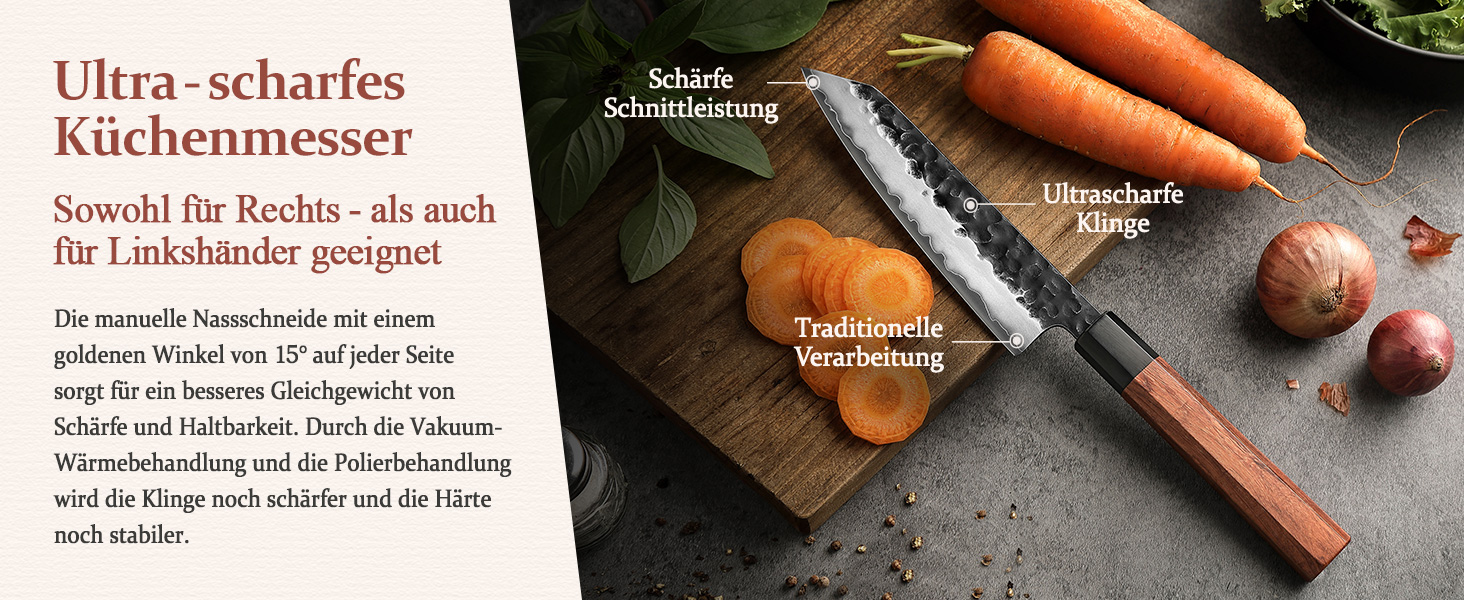 Професійний японський ніж Kiritsuke HEZHEN 21,5 см, кухонний ніж із 3-шарової дамаської сталі з восьмигранною ручкою з червоного дерева та дерев'яним чохлом