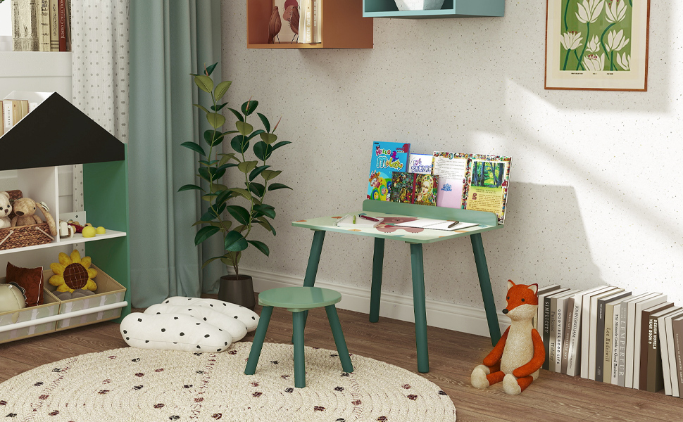 Дитячий стіл та стілець AIYAPLAY з ведмедиком-бухгалтером, зелений, для дітей 3-8 років