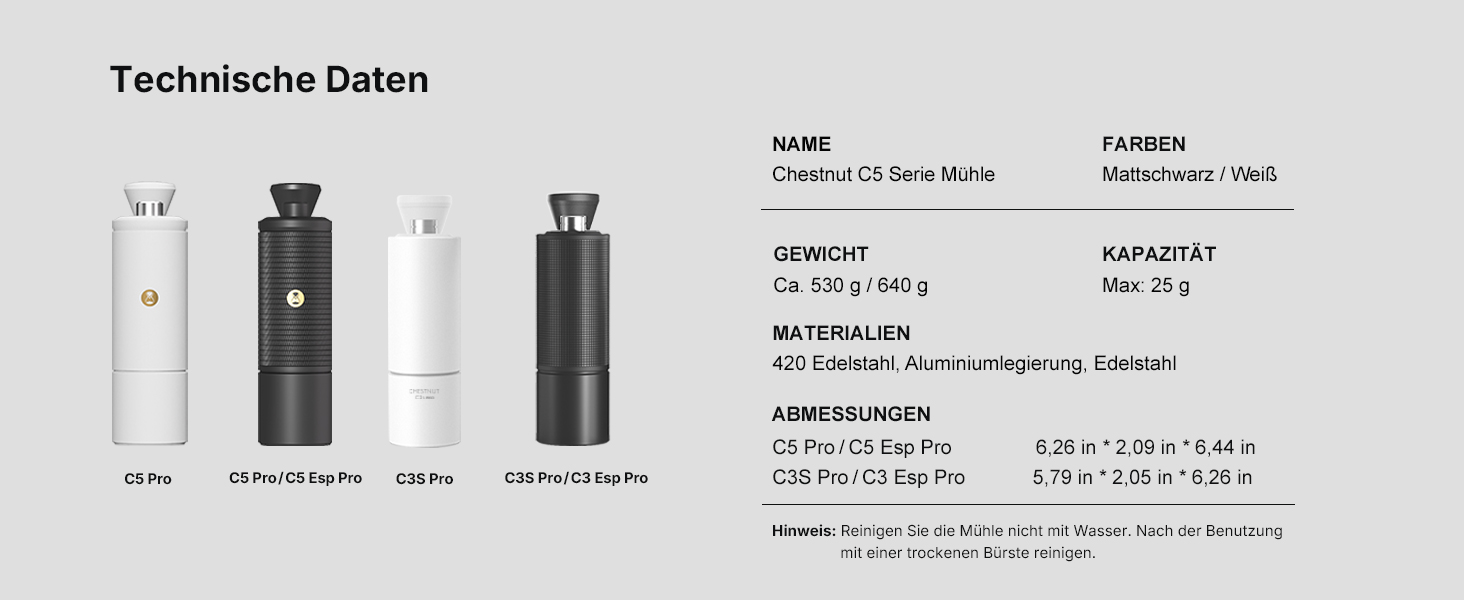 Кавомолка ручна TIMEMORE Chestnut Ganzmetall C5 Pro, чорна: керамічний жолоб, 25г, сталь