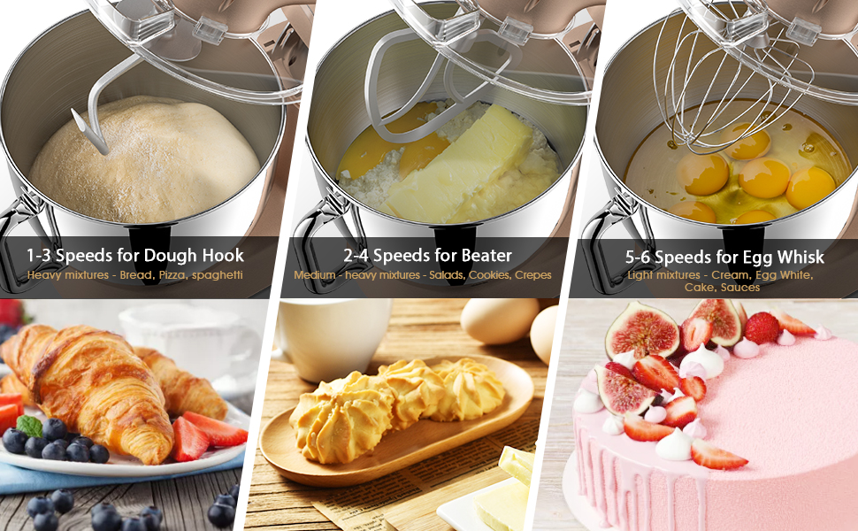 Кухонна машина-міксер Facelle 2000W з чашею 8,5L (6+ швидкостей) для випічки, тіста, міксування, з набором насадок (снігобій, гак для тіста, вінчик) та захистом від бризок, колір Champagne