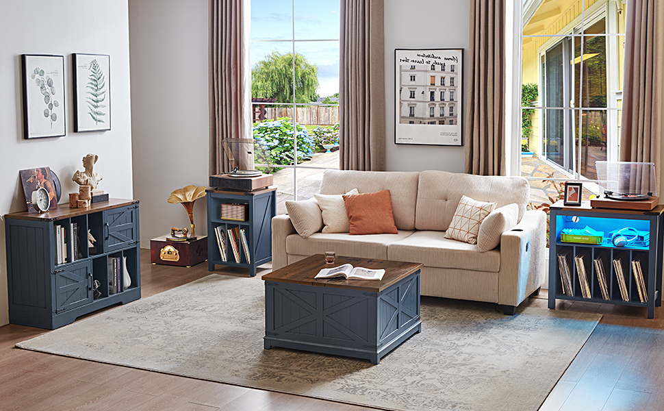 Підставка для програвача вінілу з місцем для платівок, шафка-регулятор для 160 альбомів, дерев'яна підставка для програвача, шафа-вітрина для вітальні, спальні, офісу (Блакитна)