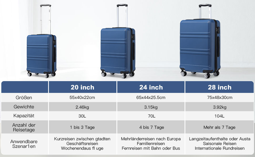 KONO Набір валіз 3 шт. з ABS, ручна валіза, набір валіз, валізи M-L-XL з колесами та TSA замком, темно-синій