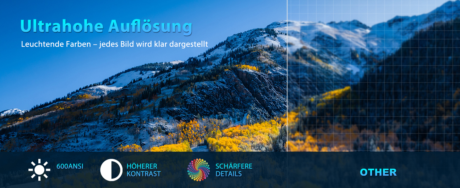 Проектор Smart Beamer WiFi для домашнього кінотеатру: 16000 Люмен, Full HD, електричний фокус, 200 дюймів, Bluetooth, сумісний з iOS/Android/Fire Stick/Laptop/PS5 (4K проектор з поворотним кріпленням)