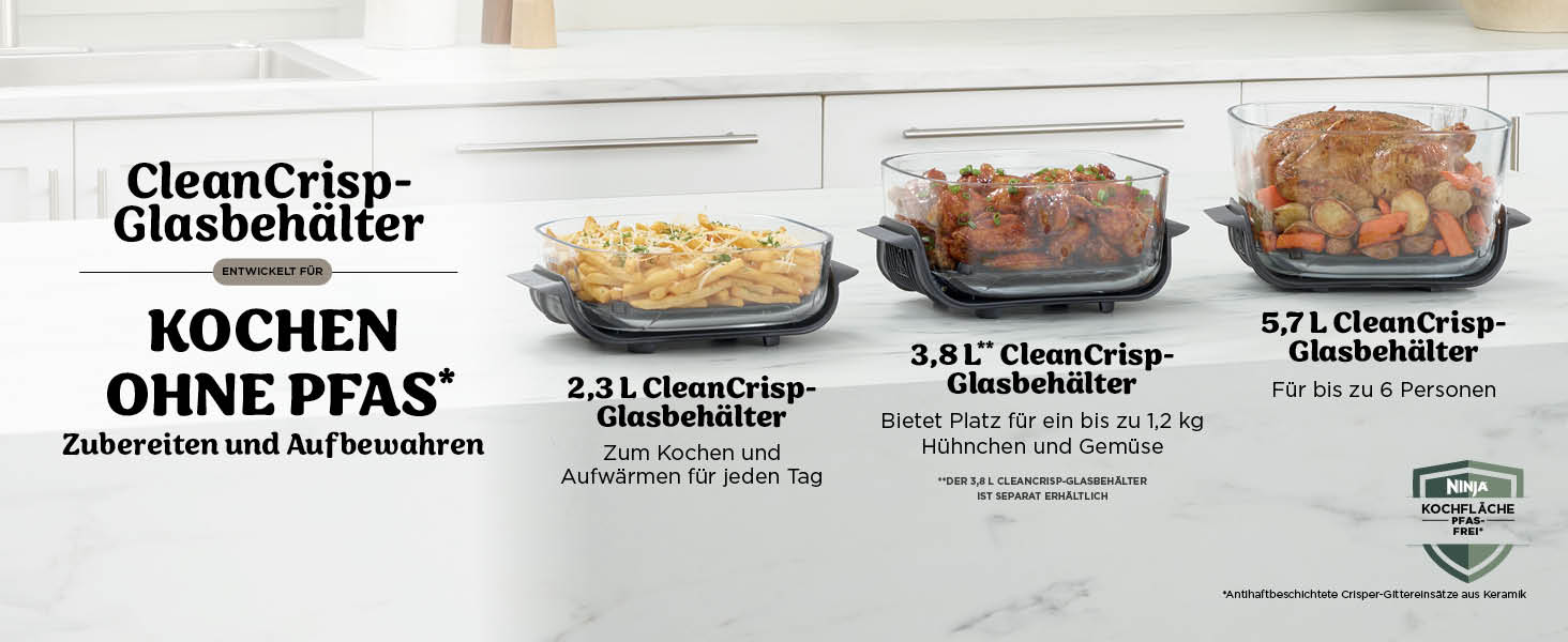 Скляна аерофритюрниця Ninja CRISPi PRO XL Air Fryer з 5 функціями, контейнерами CleanCrisp (5,7 л та 2,3 л) та кришкою для зберігання, AS090EUGN (Stone Gold)