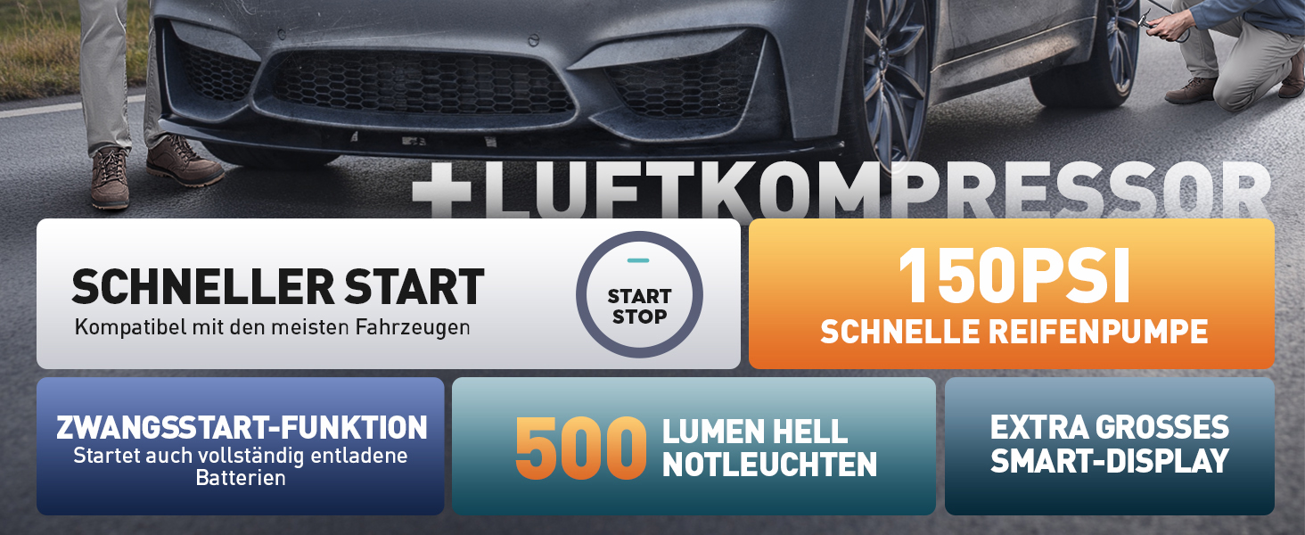 Портативний пусковий пристрій 5000A з компресором 150PSI, 12V, для автомобілів, з ліхтариком, рукавичками