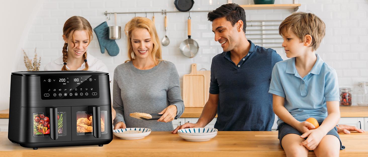 Фритюрниця повітряна з 2 камерами та скляним вікном, 9л, 9-в-1, сенсорний дисплей, кошики, що миються, антипригарне покриття, здорова фритюрниця без олії