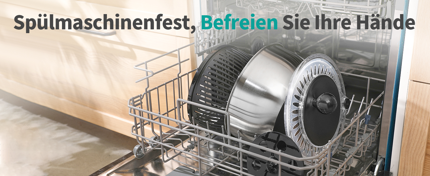 Салатниця-центрифуга 5L з нержавіючої сталі, чорна, з кнопкою стоп, BPA-Free, з прозорою кришкою та дренажним отвором, з протиковзким дном, придатна для миття в посудомийній машині