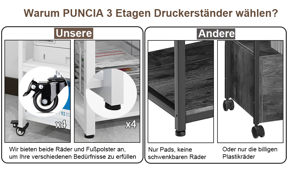 Регульований стіл для принтера PUNCIA з 3 ящиками, 60 x 50 см, на коліщатках, з дерева та металу, білий