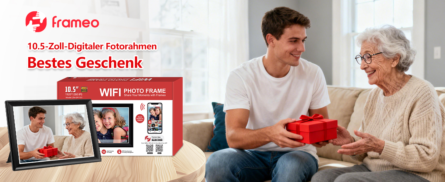 FRAMEO Цифровий фоторамка 15.6" WiFi, IPS, FHD 1920x1080, 32GB, сенсорний екран, автоповорот, для стін, віддалений доступ через додаток FRAMEO