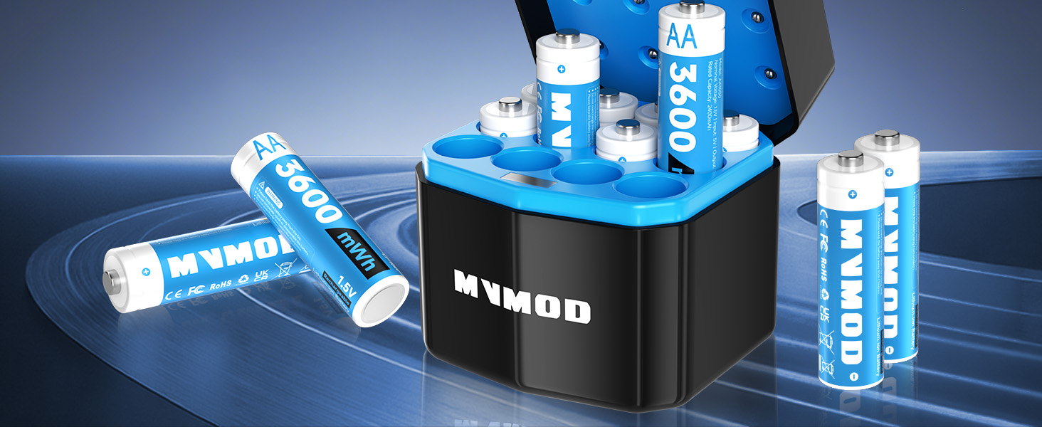 Набір акумуляторів AA Ni-MH 1.5V 3600mWh (12 шт.) з зарядним пристроєм та кейсом для зберігання, синій