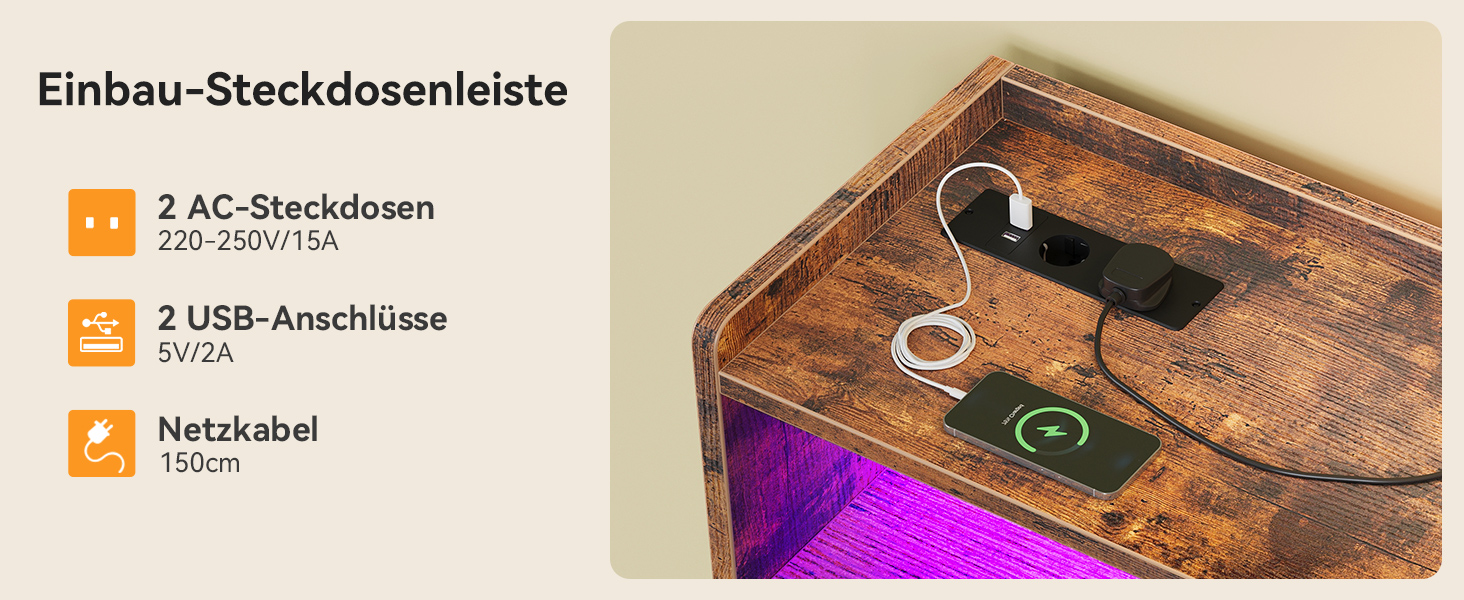 Комод ODK з шухлядами, 2 розетки, 2 USB, 10 LED-смужок, полиця-стільниця, 9 тканинних шухляд, чорний (ретро стиль), 130x30x97 см