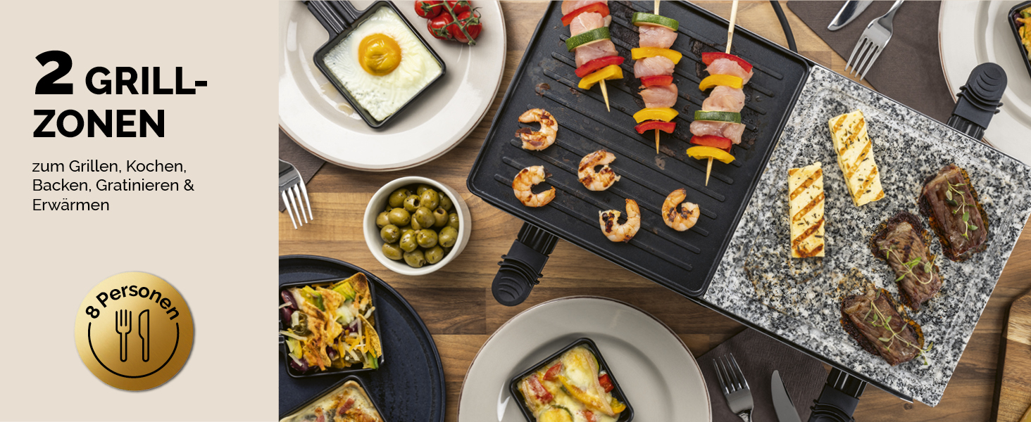 Raclette Gourmetmaxx 2-в-1 з Фондю | Набір раклет для 8 осіб – ідеальний для вечірок | Набір раклет-фондю на 8 осіб з 8 сковородочками, лопатками та виделочками для фондю | Преміум якість