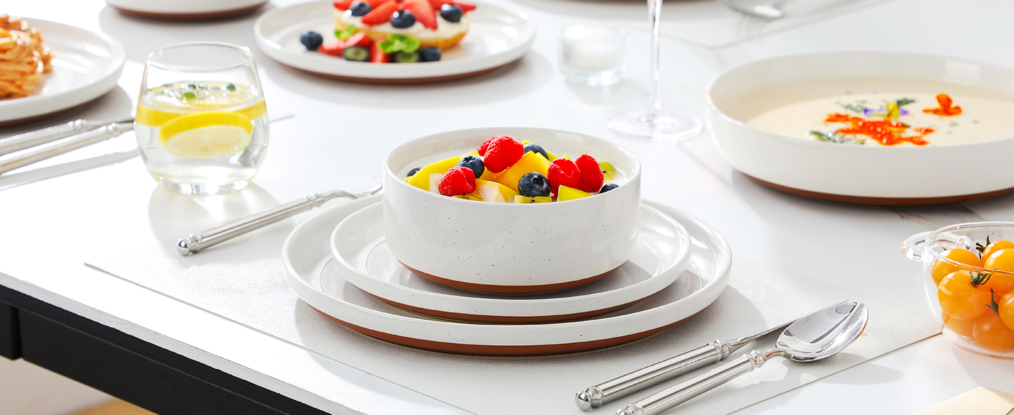 MALACASA Сервіз на 6 осіб (24 предмети) з реактивної глазурі, кераміка, білий з коричневим, для дому та ресторану