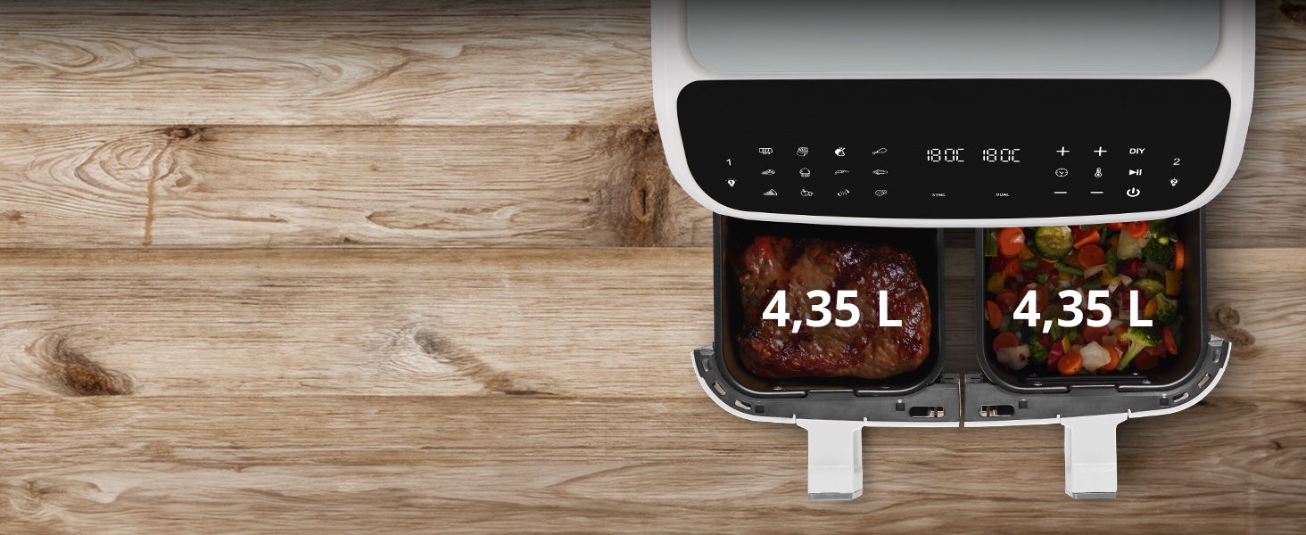 MEDION P20 XXL Фритюрниця для повітряного приготування з 2 камерами (8,7 л, Airfryer, 2600 Вт, подвійна камера, 10 автоматичних програм, 2 ящики, віконце, Dual Airfryer, ILAG PFAS-free, MD11760) матово-білий