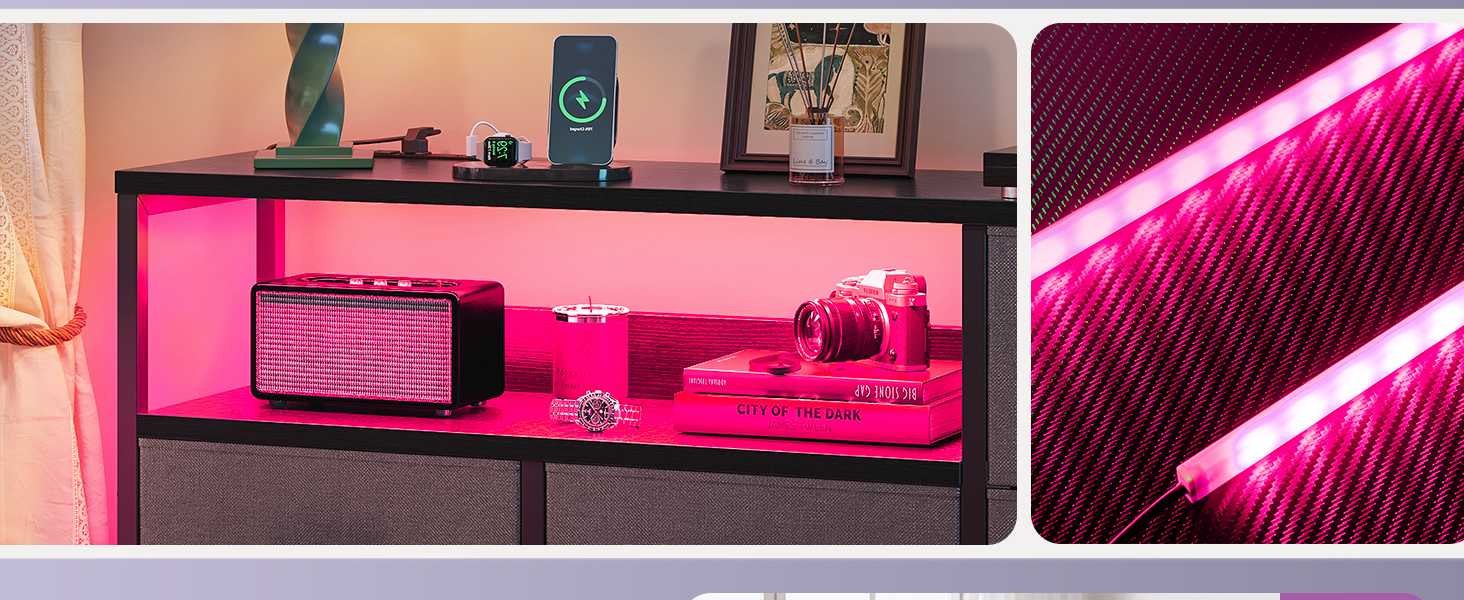 Комод Coleshome з висувними ящиками, світлодіодною підсвіткою, 2 USB та 2 розетки AC, 7 тканинних ящики, для спальні/вітальні, 132*30*89 см, чорний