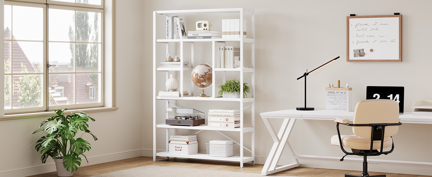 Стильна полиця-стелаж LVB з 6 полицями для вітальні, спальні, офісу. Дерево та метал, білий колір, 30 x 120 x 180 см