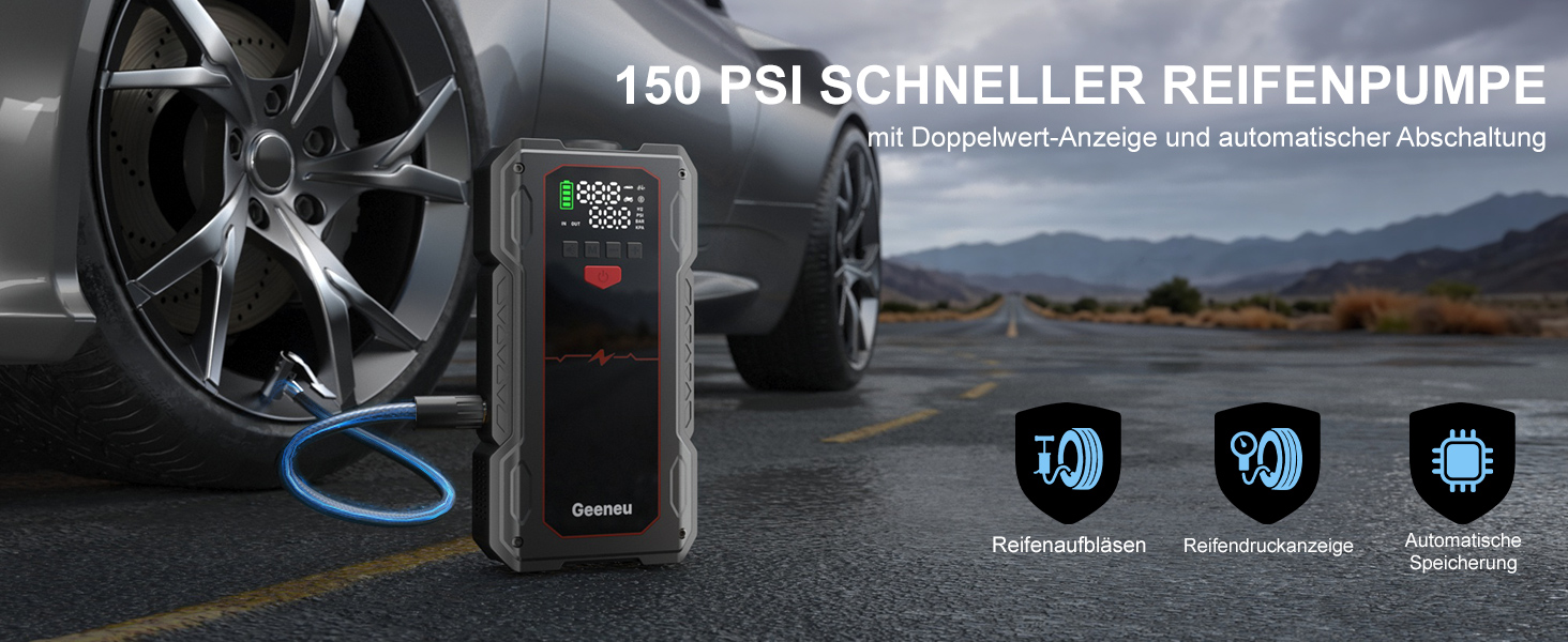Бустер для авто Starthilfe Powerbank 6000A: пусковий пристрій з компресором 150PSI, 12V для бензинових (до 9л) та дизельних (до 7.5л) двигунів, чорний