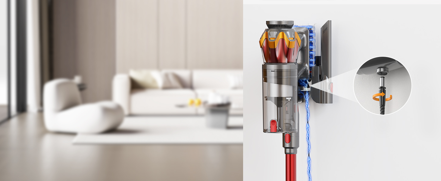 Бездротовий акумуляторний пилосос 45000Pa/550W/65хв, об'єм 1,6л з дисплеєм, антизаплутана щітка, самостійна підставка, док-станція на стіну, 8-шарова фільтрація, тиха робота, для шерсті тварин/килимів/твердих поверхонь/автомобіля (Червоний)