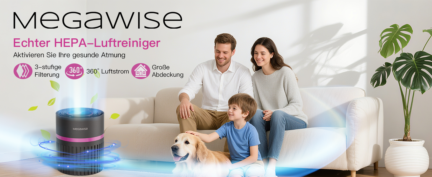 Повітряочисник MEGAWISE з 3-в-1 фільтром HEPA для дому та спальні. Захист від алергенів, пилу, тютюнового диму та диму від лісових пожеж.