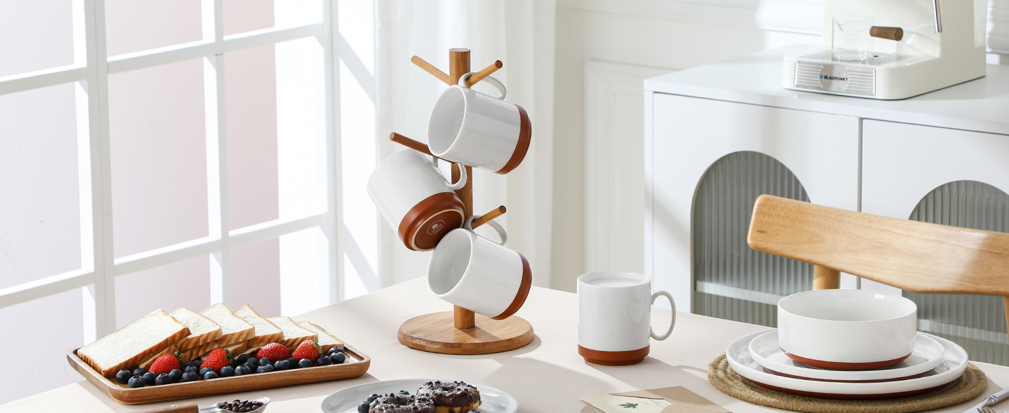 MALACASA Сервіз на 6 осіб (24 предмети) з реактивною глазур'ю, кераміка, серія TARA, білий з коричневими акцентами