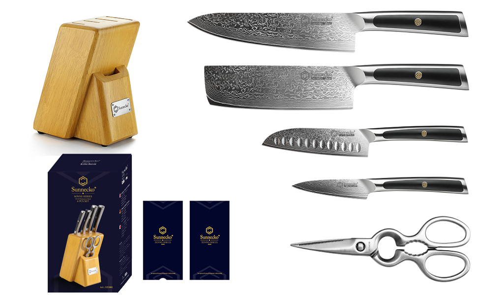 Набір ножів Sunnecko 6 предметів з блоком: кухонні ножі з дамаської сталі, ергономічні ручки, кухонні ножиці, тримач для ножів, дерев'яний блок