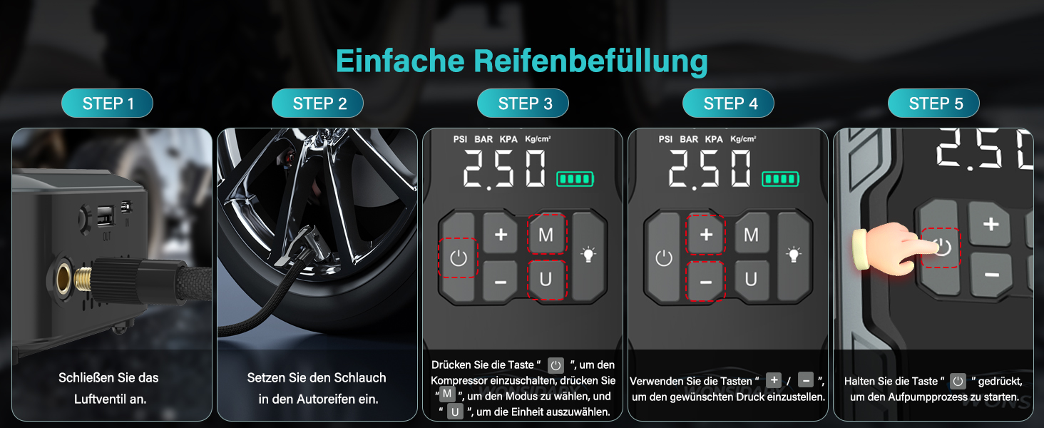 Powerbank Starthilfe 7000A для автомобіля: 27000 mAh, 160 PSI, компресор, LED-ліхтарик, для 12V бензинових та дизельних двигунів (до 8.0L)