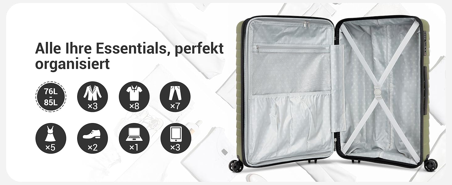 Чемодан KONO середнього розміру з жорсткою обшивкою, PP, з 4 колесами, розширюваний, легкий, з тримачем для напоїв та TSA замком (Зелений, L)