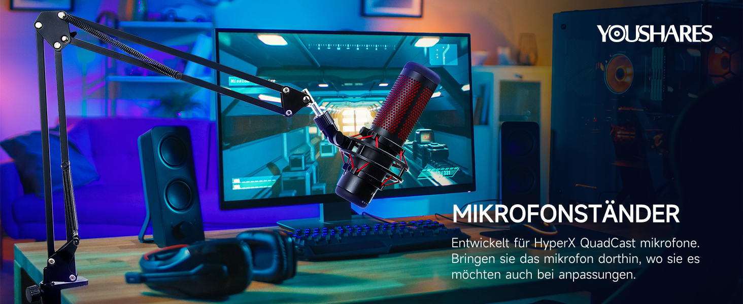 Універсальний пантограф для мікрофона YOUSHARES для HyperX QuadCast S/2S, Blue Yeti, Rode PodMic, Razer Seiren V3 Mini — стрімінговий тримач для геймінгу та подкастингу, чорний