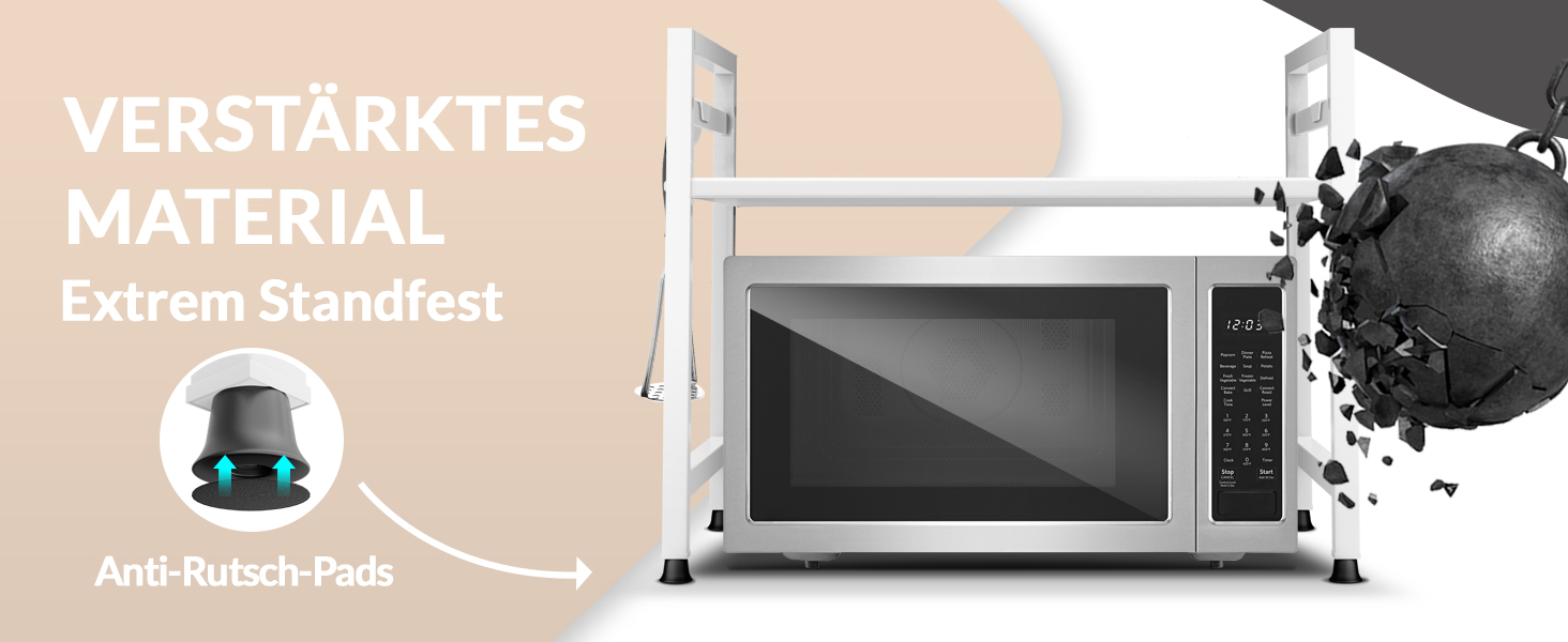 Стійка для мікрохвильової печі та кухонні полиці з нержавіючої сталі, 2-ярусна | Стійка для мікрохвильовки, полиця для зберігання, полиця для пекаря, регульована висота та довжина | З інструкцією у відеоформаті та гачками (Білий)