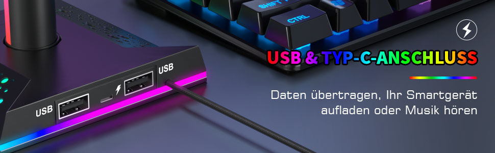 Кронштейн для гарнітури HCMAN RGB з 2 USB, світлодіодна підставка для навушників для ПК-геймера, чорний