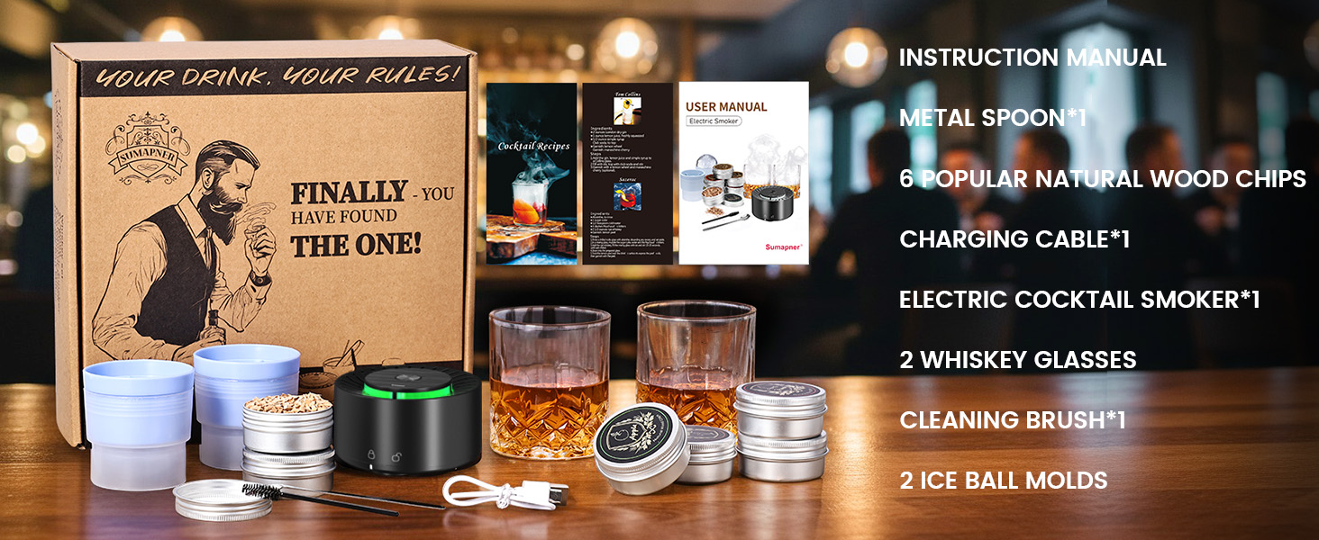 Набір для копчення коктейлів віскі: 6 смаків тирси, 2 склянки, форми для льоду, для віскі Old Fashioned, подарунок для чоловіків