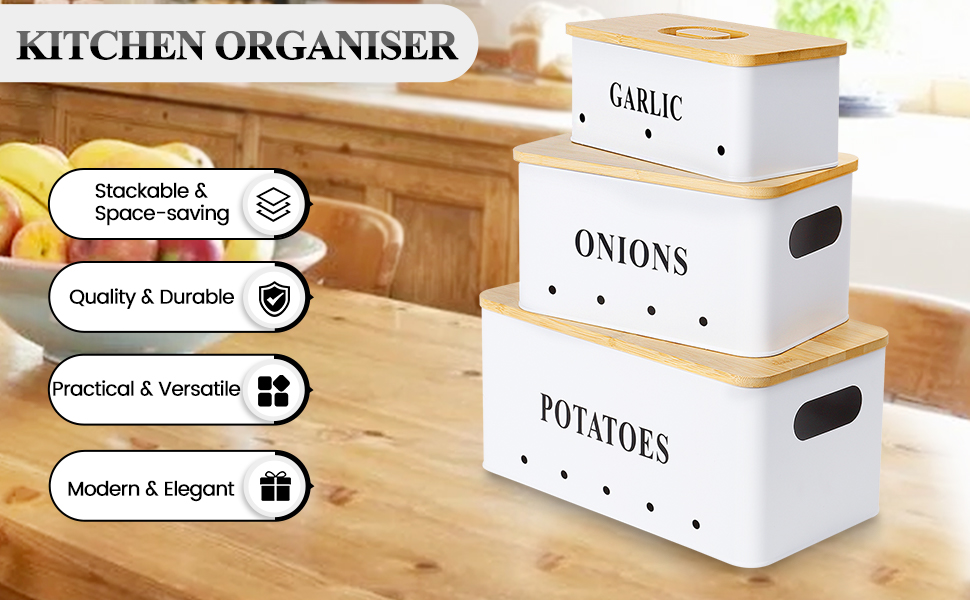 Набір контейнерів для картоплі, цибулі та часнику [3 шт] з бамбуковими кришками | Коробки для зберігання овочів з вентиляцією | Чорний