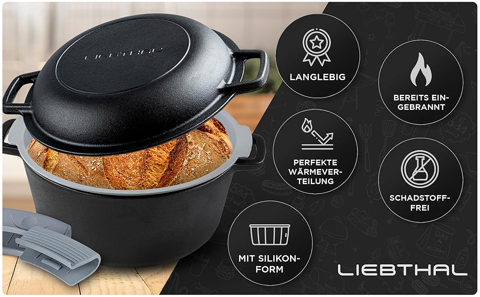 Чавунний горщик для випікання хліба Gusseisen - міцний горщик з антипригарною силіконовою вставкою, 4.6 л, з кришкою. Підходить для випікання, тушкування та смаження