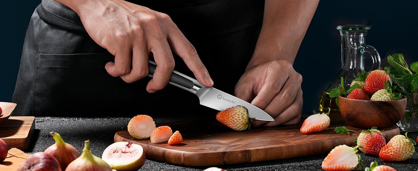 Набір ножів Sunnecko 6 шт. з підставкою – кухонний набір ножів, кухонні ножі з ергономічними ручками, гострими лезами, підставка з нержавіючої сталі та акації