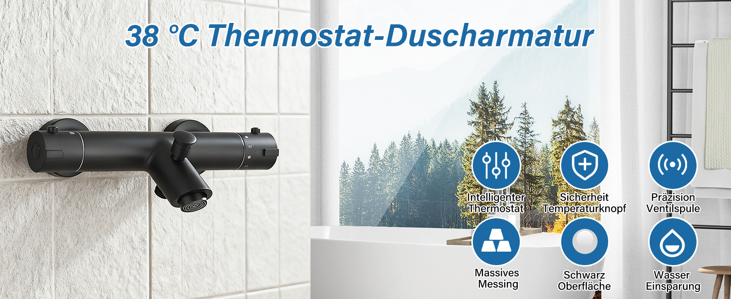 Змішувач для ванни з термостатом, чорний, настінний монтаж - універсальний для ванни та умивальника