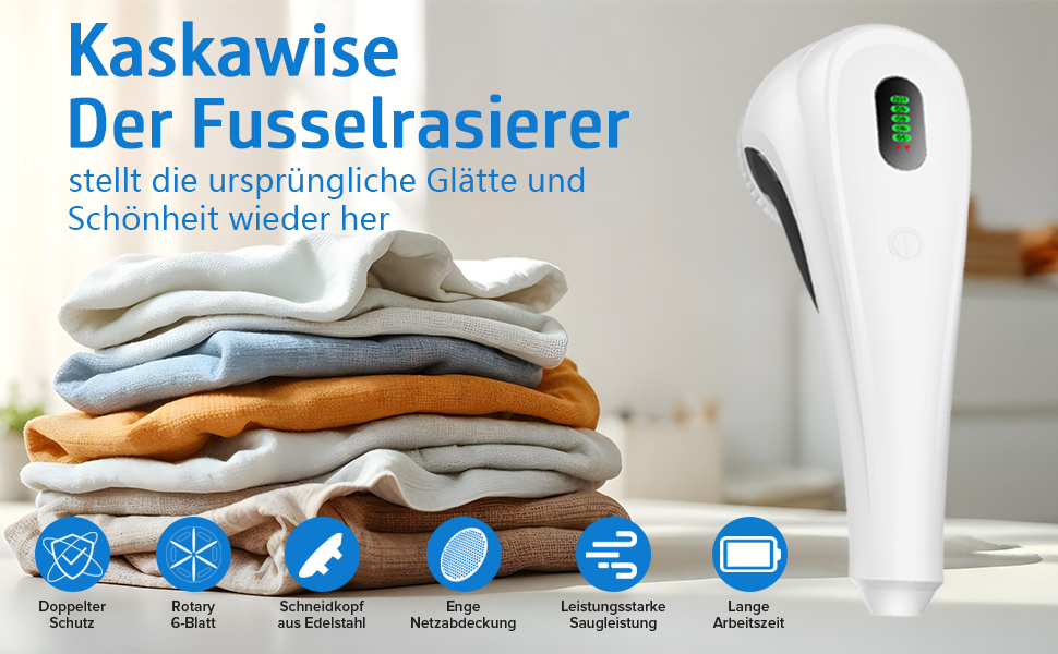 Електричний видальник ворсу з LED-дисплеєм, 6 лез, 2 рівня висоти, 2000 mAh, USB-C, 3 змінні леза, великий контейнер для одягу, диванів, ворсу, ковдр (білий)