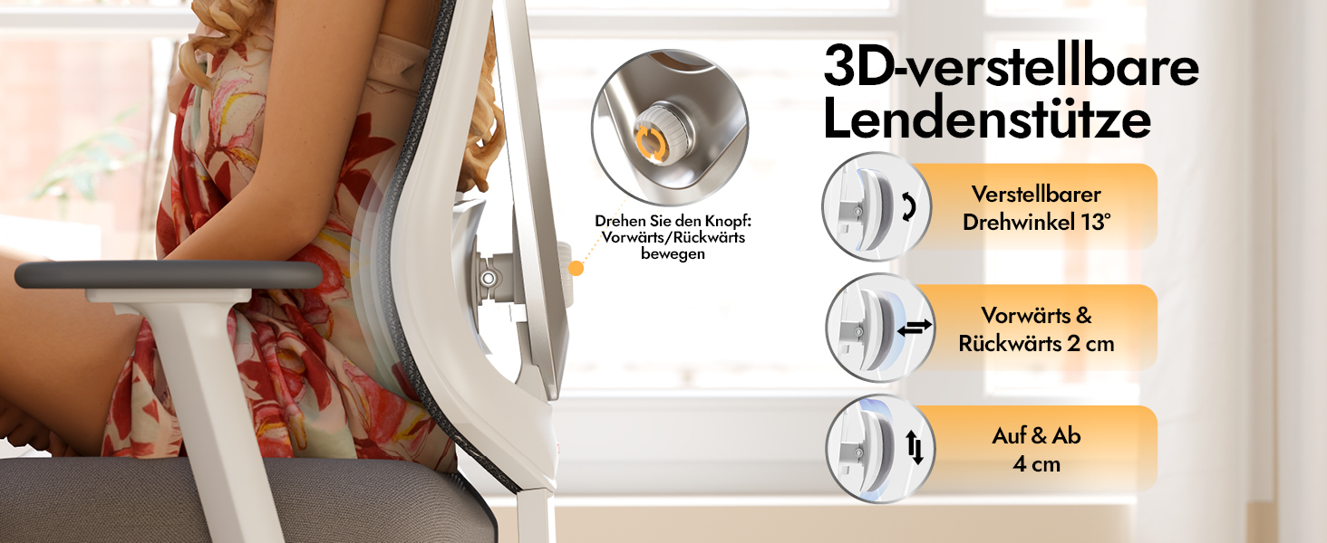 Ергономічне крісло для офісу та дому з 3D поперековою підтримкою та регульованими підлокітниками, біле