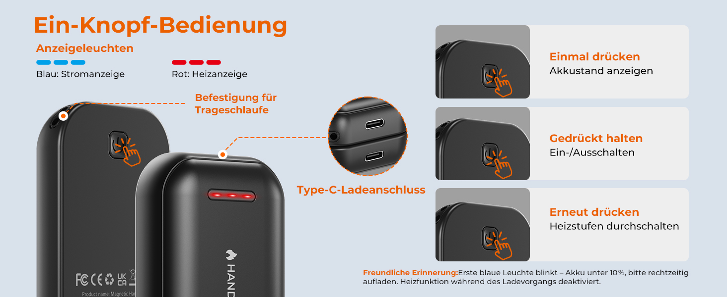 Електричні грілки для рук 2-в-1 з магнітом - 6000 mAh, USB, з брелоком, 3 режими нагріву до 55°C, ультралегкі та тонкі, для кемпінгу