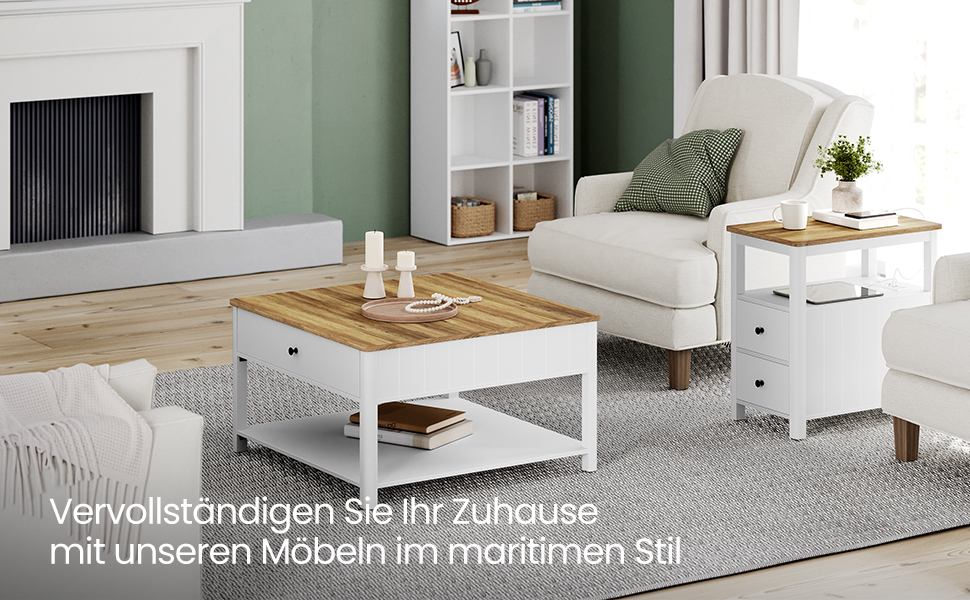 Приставний столик VASAGLE з розетками, 2 шухляди, для невеликих кімнат, стиль марина, горіхово-білий (LET327W14)