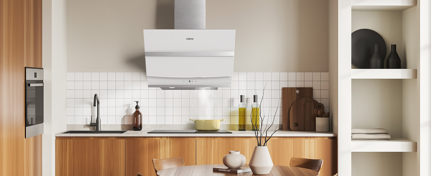 Витяжка кухонна CIARRA ASB6736N 60 см, 650 м³/год, нержавіюча сталь та чорне скло, керування через App та Touch, режим рециркуляції/відведення, вугільний фільтр CBCF003, білий колір