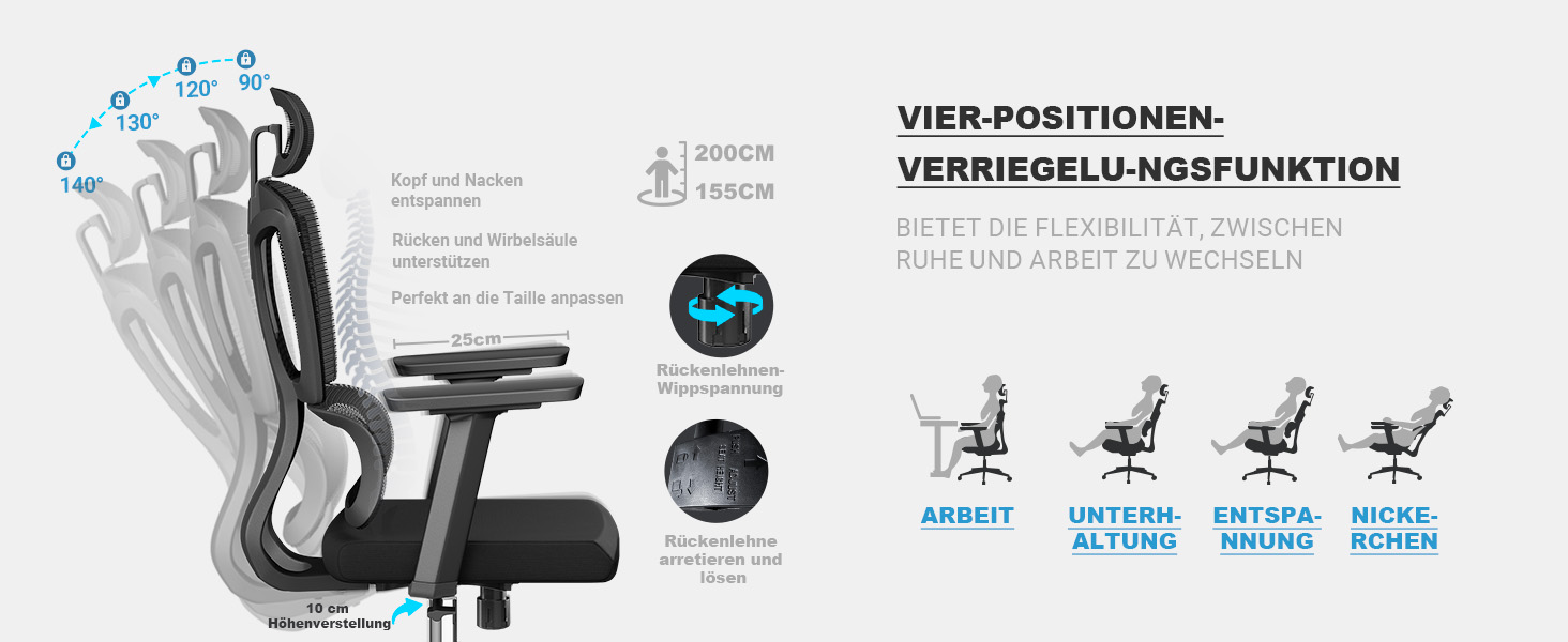 Ергономічне крісло для офісу та дому, 200 кг, чорний колір, з регульованою глибиною сидіння, 4D підлокітники, підтримка попереку, для тривалого сидіння, з пінопластовим наповнювачем