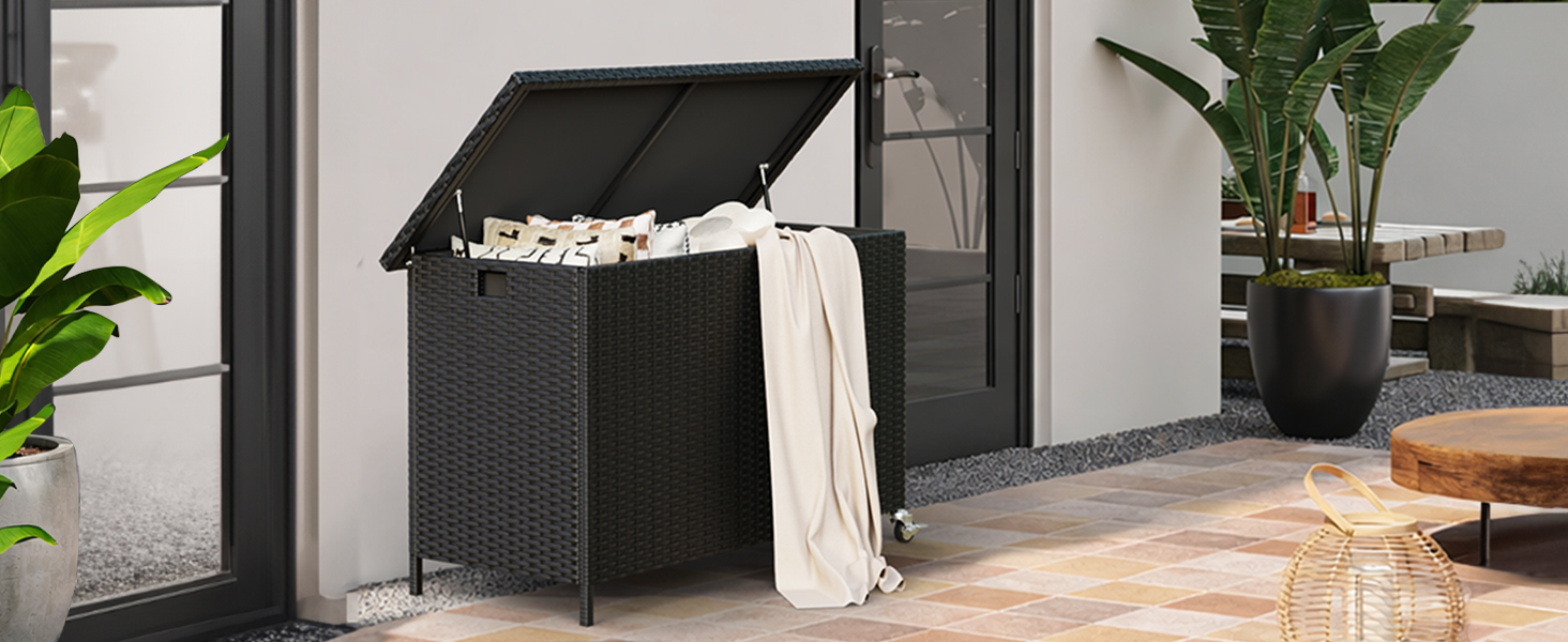 Водонепроникний садовий ящик Amopatio Gartenbox 480л з поліротангу, металевий ящик для подушок на колесах з газліфтом для саду та балкону (чорний)