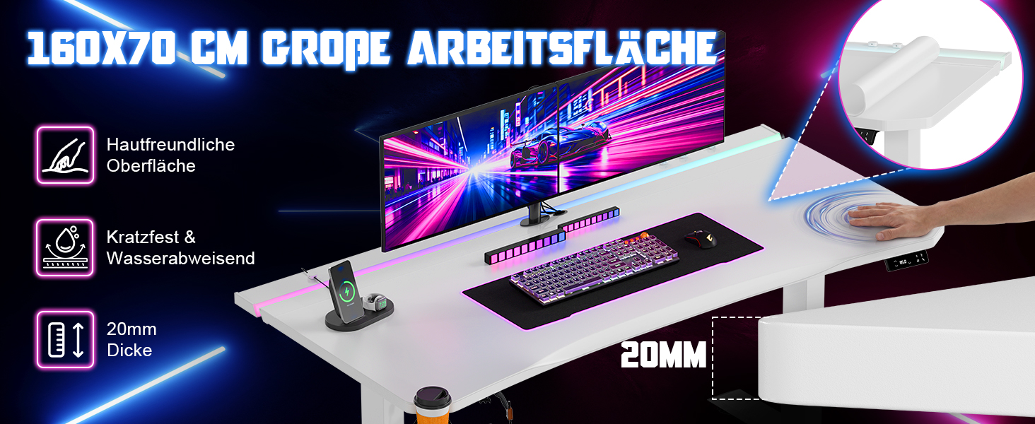 Регульований по висоті письмовий стіл Devoko 160x70 см, ігровий стіл для комп'ютера з двома моторами, LED-підсвіткою та системою кабель-менеджменту, білий