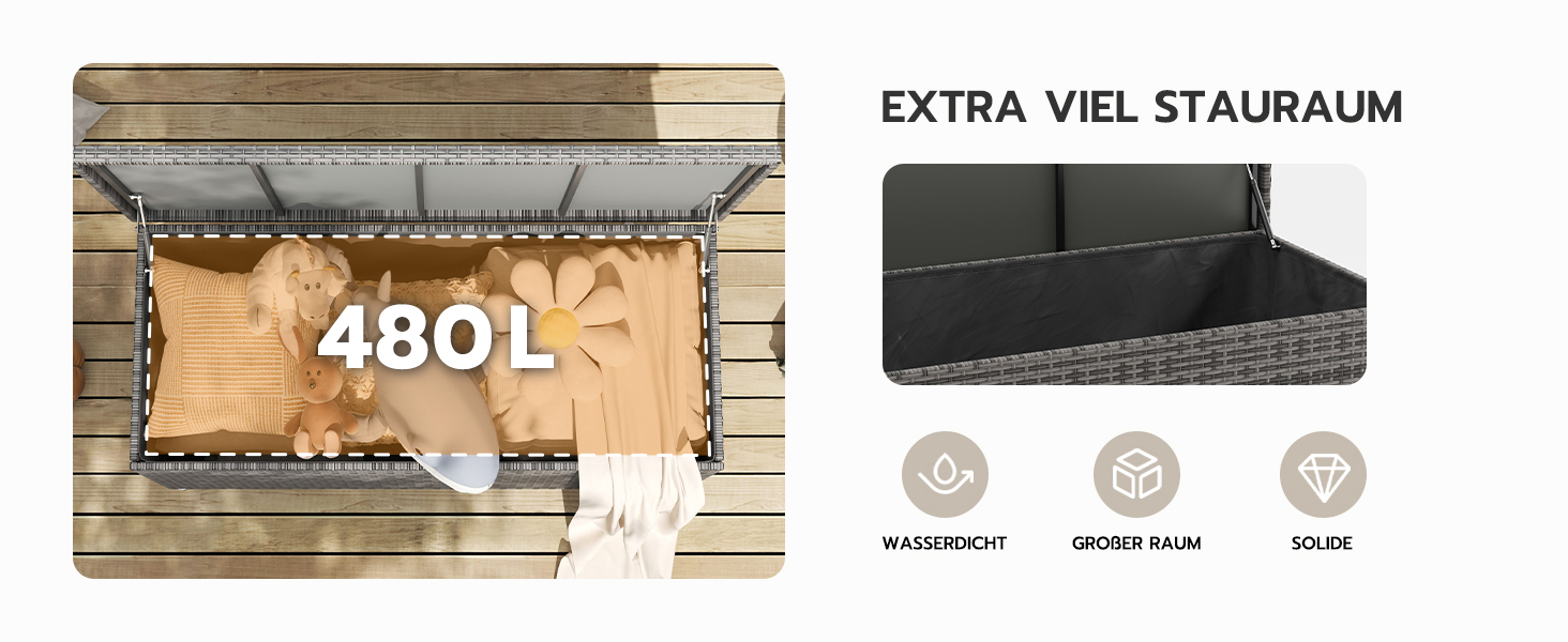 Скриня для подушок садових Polyrattan Amopatio 480л, водонепроникна, з роликами та газліфтом, сіра