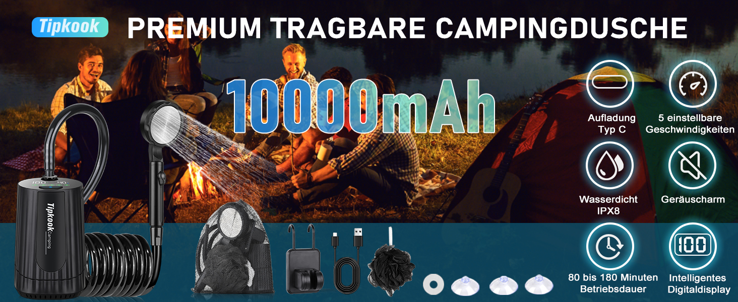 Набір для душу в кемпінг з насосом, портативний, акумулятор 10000mAh, цифровий дисплей, душ, шланг, для відпочинку, подорожей, миття тварин, автомийки, чорний