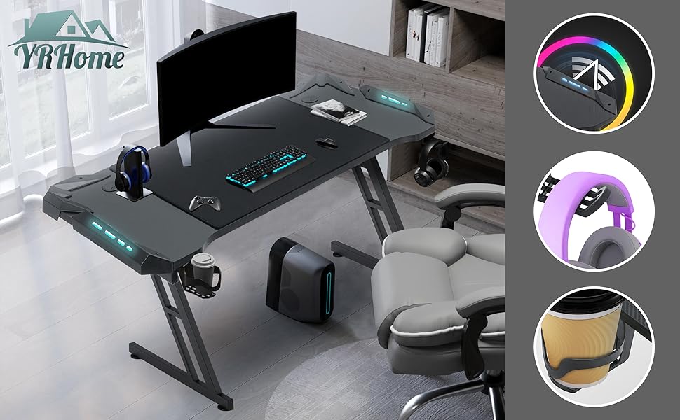 Ігровий стіл YRHome 120x60 см: стіл для комп'ютера з підстаканниками, кабелепроводами та карбоновою поверхнею. Ергономічний стіл для геймерів та офісу, чорний (без LED). Розмір 140x60 см з LED також доступний.
