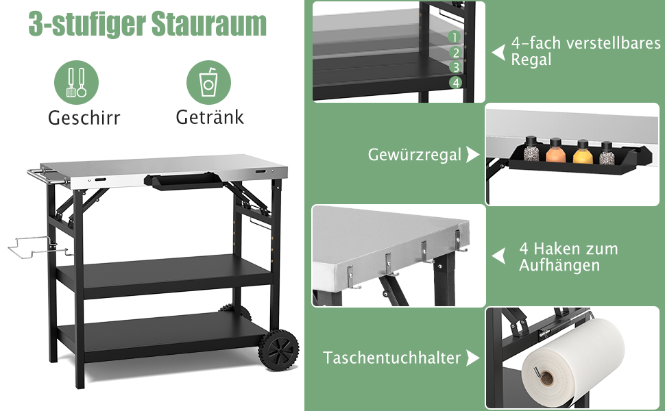 Стіл-гриль COSTWAY з 3 полицями, регульована полиця, підставка для телефону, стійка для спецій, гачок, відкритий візок