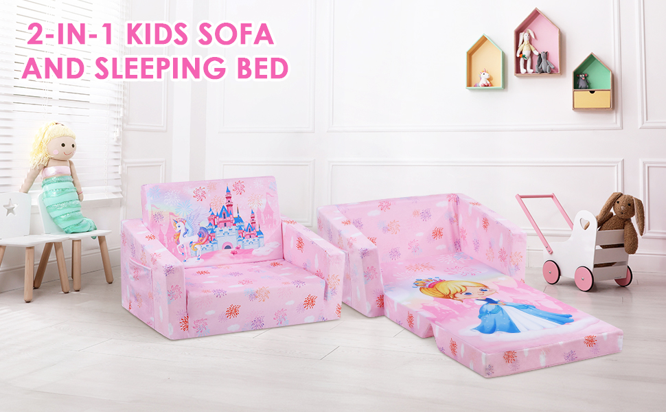 Дитяче крісло-диван 2 в 1 з кишенькою та антиковзаючим подушкою, розкладне, для спальні, вітальні, ігрової кімнати (Принцеса)
